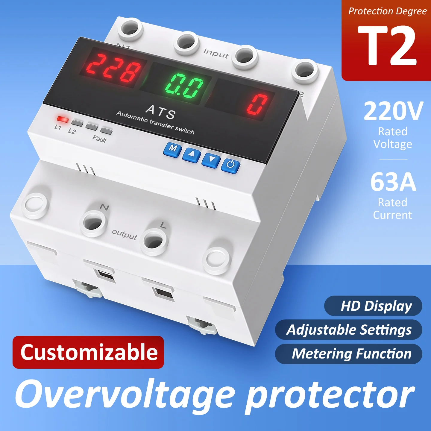 63A Single Phase PC ATS Automatic Transfer Switch Digital Voltage/Current Display High Efficiency 2-Pole 6kA Breaking