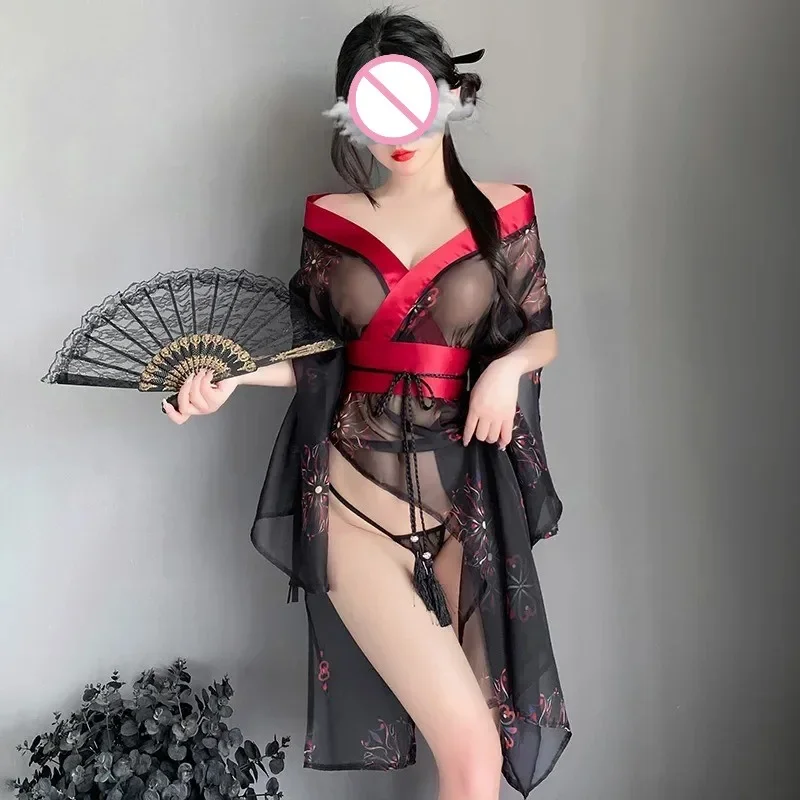 Japanese Kimono Women Bathrobe Sexy Lingerie Phantom Printed See Through Deep V Black Dress with Panties Set Costumes