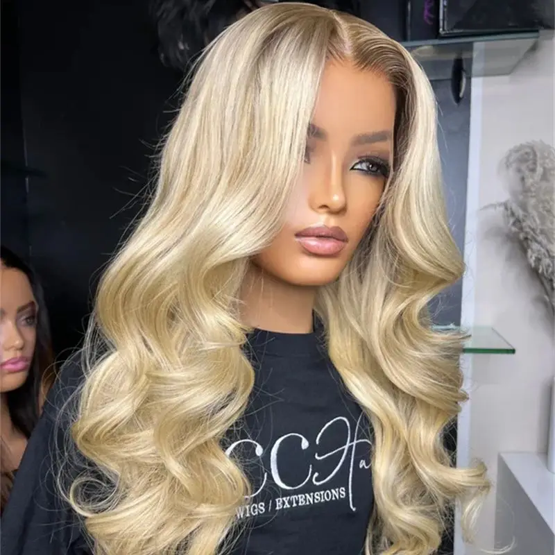 High Quality Wig Ombre Light Golden Blonde Balayage Synthetic HD Lace Front Wig with Natural Root Human Hair Bend Synthetic Hair