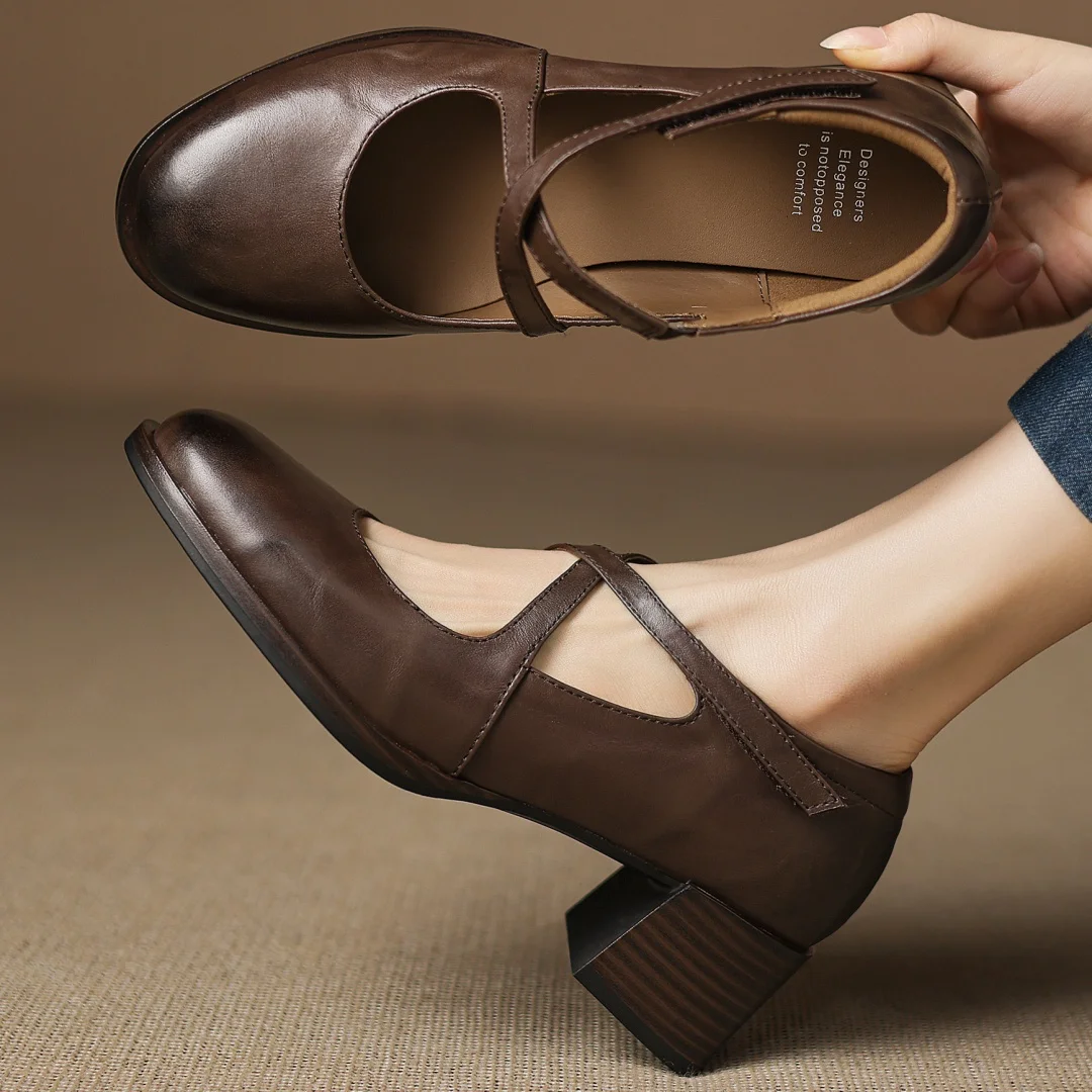 

Women's cow leather narrow band cross strap round toe slip-on pumps 5cm thick med heel casual female high quality dress shoes