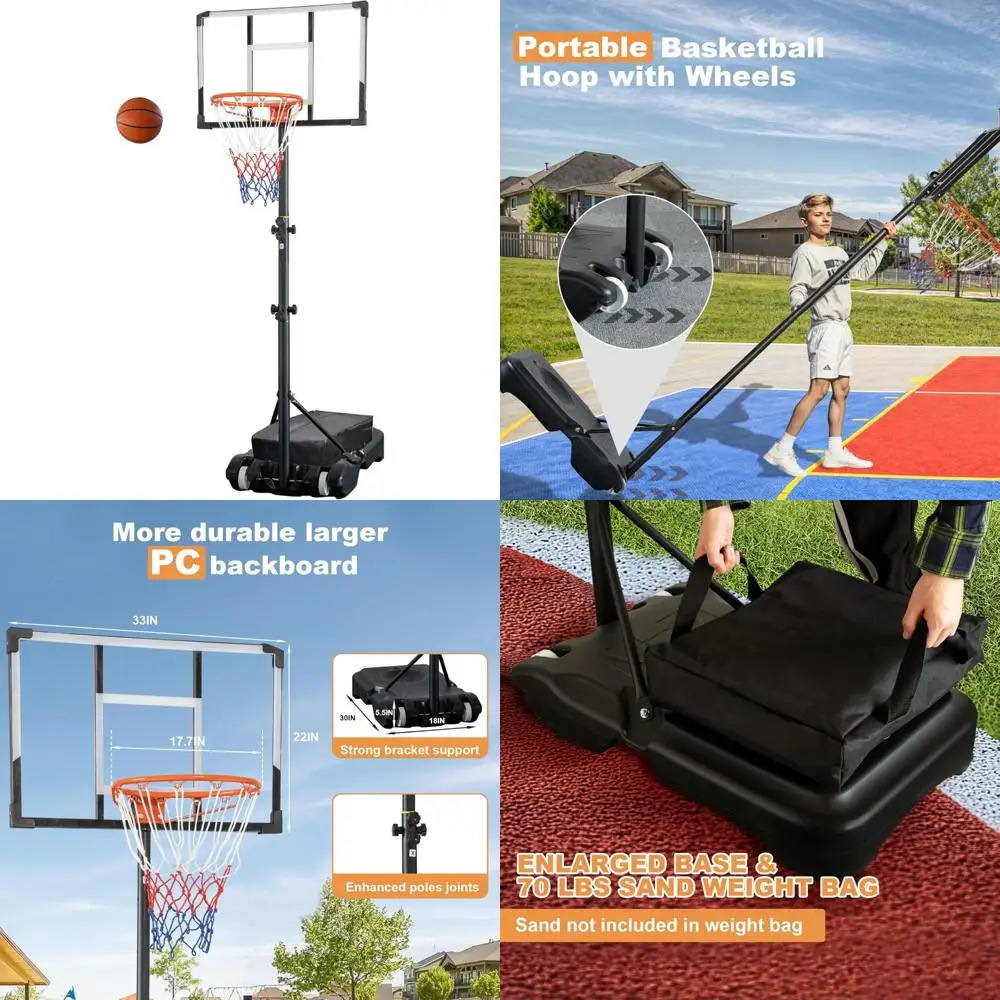 

outdoor adjustable basketball hoop system: 33" portable goals, 4.82-8.53ft range, enlarged base, pc backboard with basketball