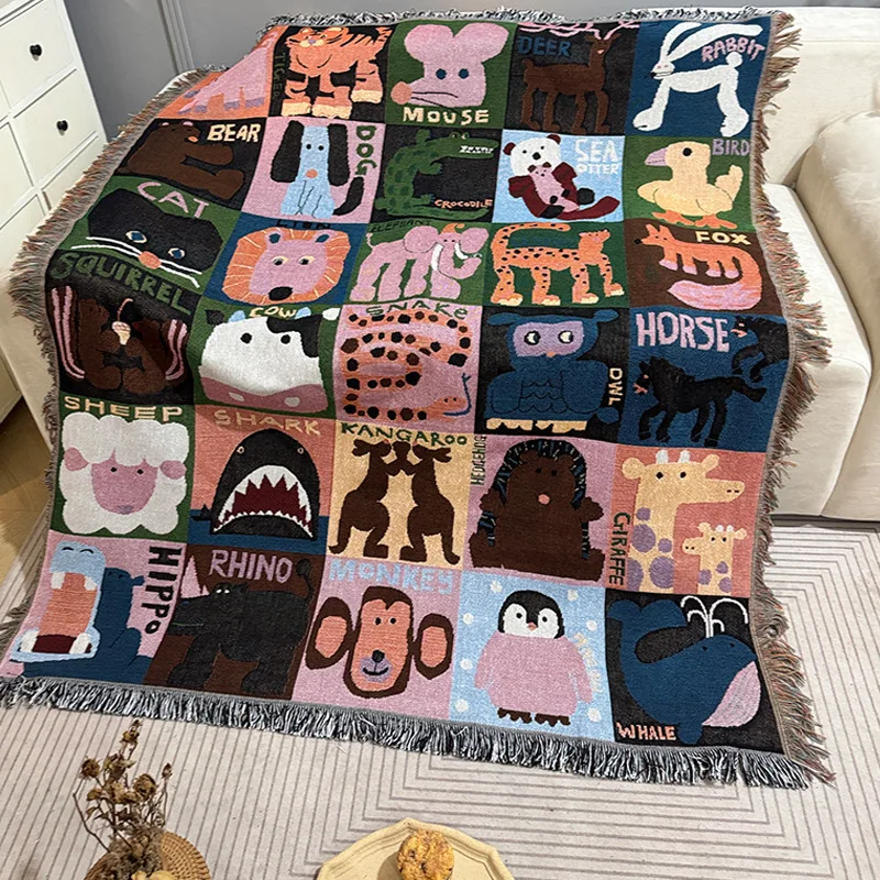 

Cartoon Animal Alphabet Woven Throw Blanket with Tassels Cute Zoo Animal Tapestry Blanket for Kids Sofa Throw Hot Travel Blanket