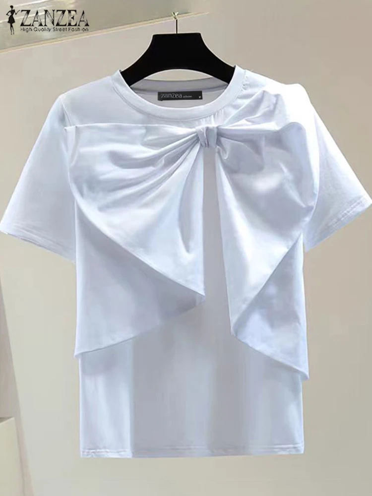 ZANZEA Women SummerLoose T-Shirt Chic Bowknot Short Sleeve Blouse 2024 Korean Patchwork O-neck Tops Holiday Casual Solid Tunic