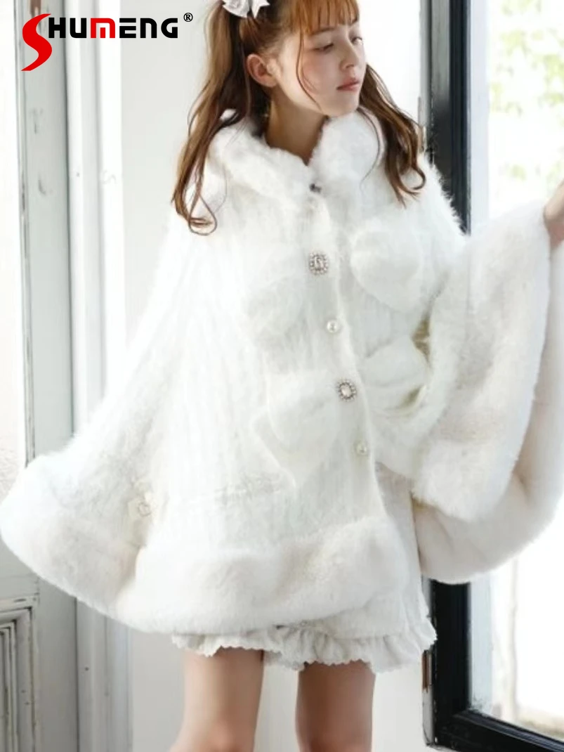 

2023 Women's Autumn New Capes Fashion Sweet Cute Faux Fur Hooded Cape Loose Feminine Single-Breasted Solid Color V-neck Coats