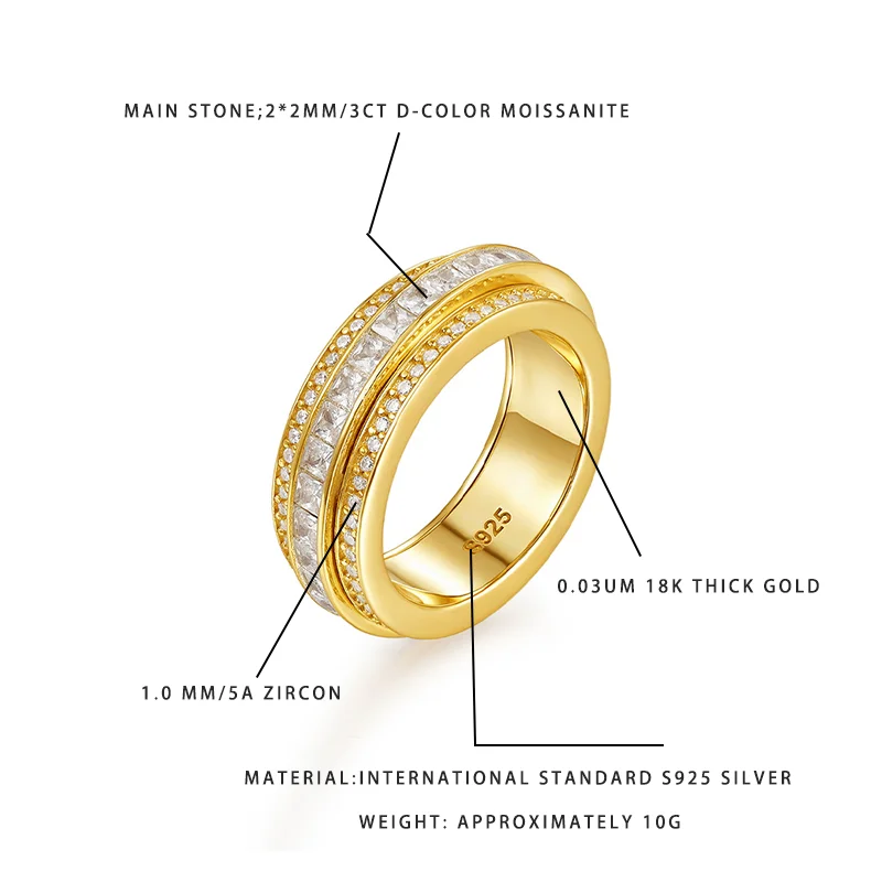 

Кольцо с двойным слоем муассанита 1,0 мм, с акцентами из циркония 5А, позолота 18К, серебро S925, 10 г
