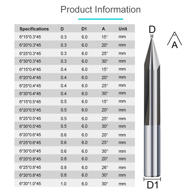 Imagem -06 - Fresa para Madeira Mdf v Shape Graving Bits Dica 0.31.0 mm Cnc Carving Cutter Flauta 1530d mm Shank