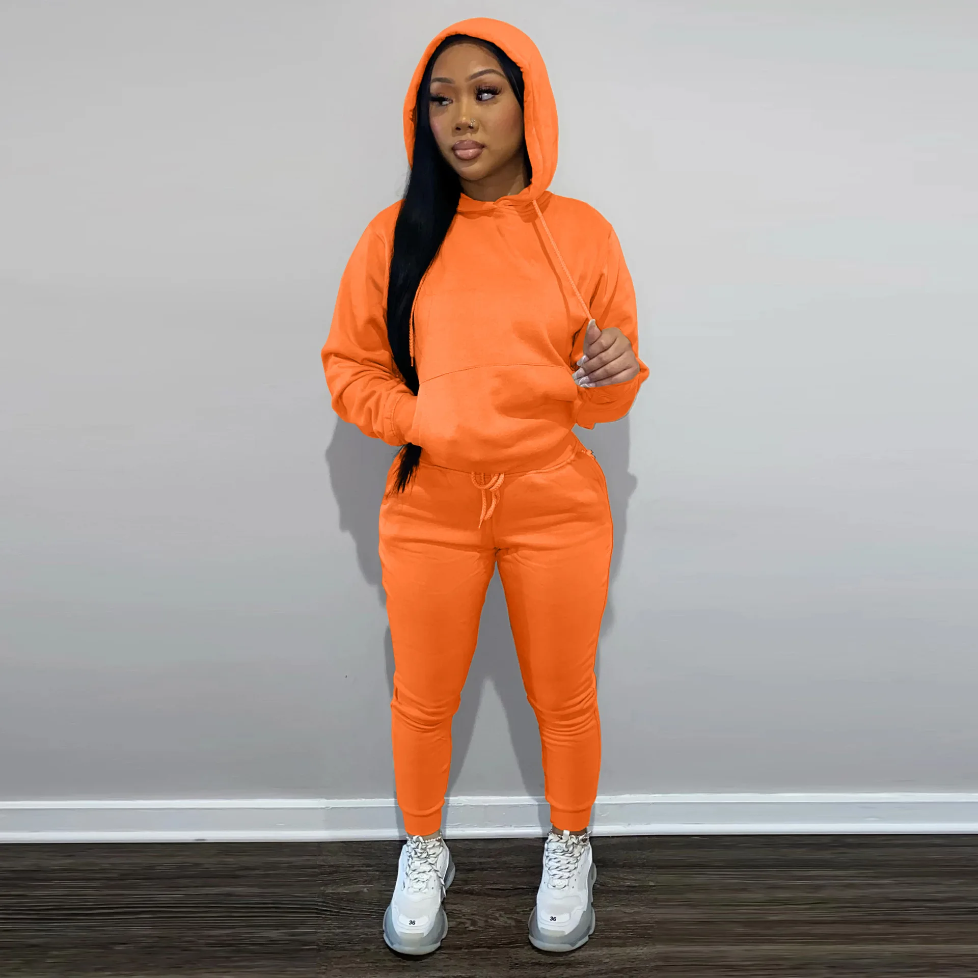 

Winter/Autumn Women's Suit With Fleece Long-Sleeved Hooded Pullover And Wide-Leg Trousers Outfits For Ladies