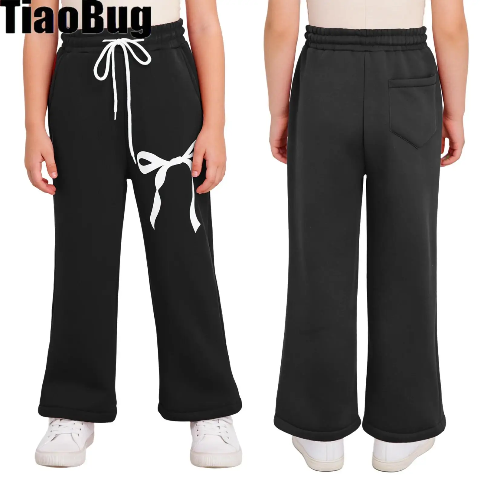 

Kids Girls Cute Bowknot Print Sports Pants Drawstring Elastic Waistband Straight-Leg Sweatpants with Pockets