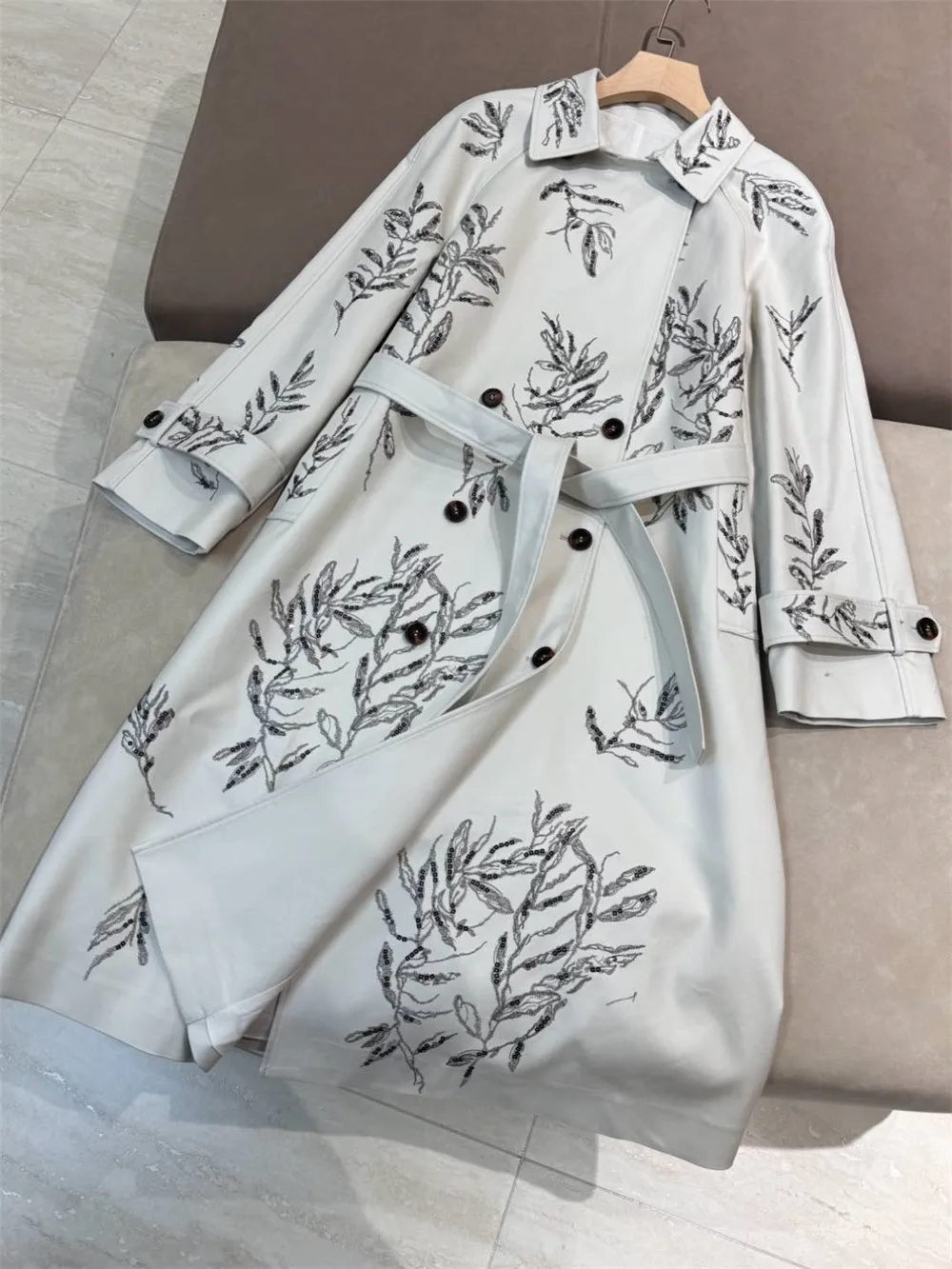 Women's Mid-length Windbreaker Coat 2025 Spring Summer Cotton Embroidered Sequined Straight Trench