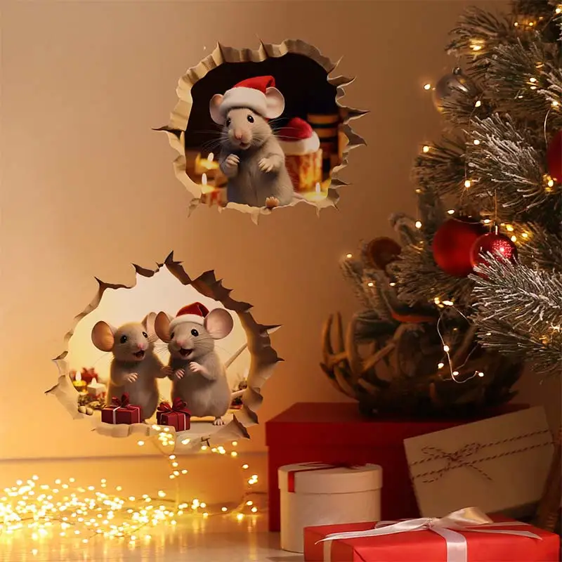 Cartoon Wall Mousehole Christmas Little Mouse Christmas Atmosphere Decoration Wall Stickers Kids Room Art Decals Sticker M1002