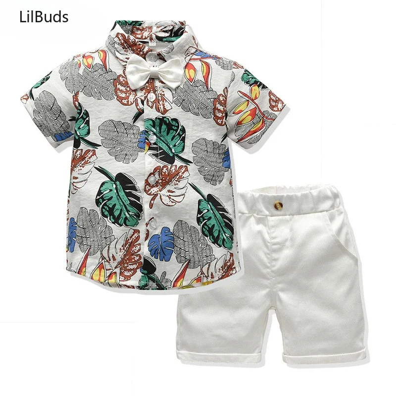 

2024 Casual Flower Printed Bowtie Shirt Tops +shorts Outfit Children Boys 2PCS Clothing Suit Summer Beach Style Baby Clothes Set