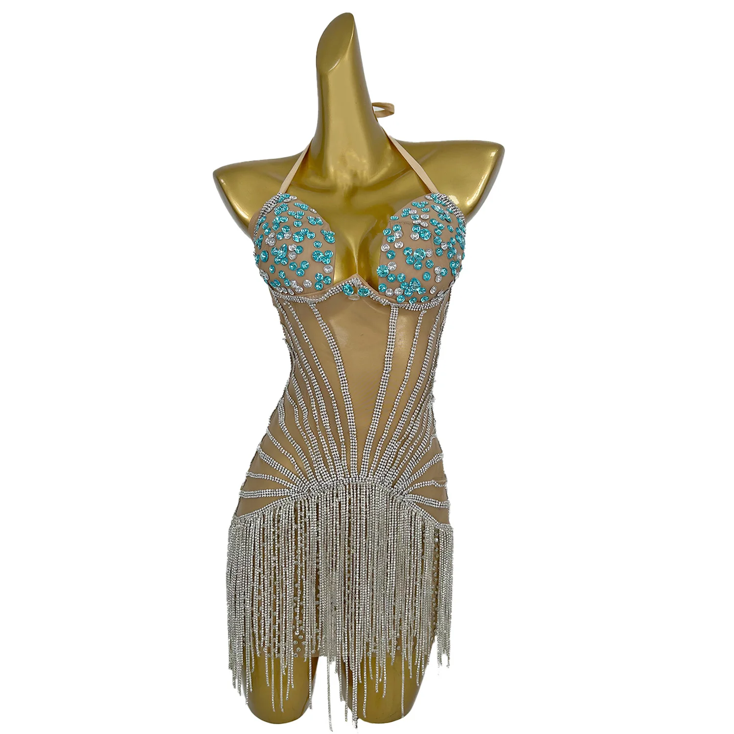 Bingdiantiao Luxury Womendress Sexy Neck Hanging Transparent Mesh Chain Dress Bar Performance Dress Music Festival Prom Gowns