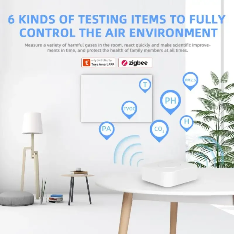 Tuya WIFI/Zigbee صندوق مراقبة جودة الهواء الذكي VOC HCHO PM2.5/10 كاشف الغاز مقياس درجة الحرارة والرطوبة 6 في 1 مدبرة الهواء