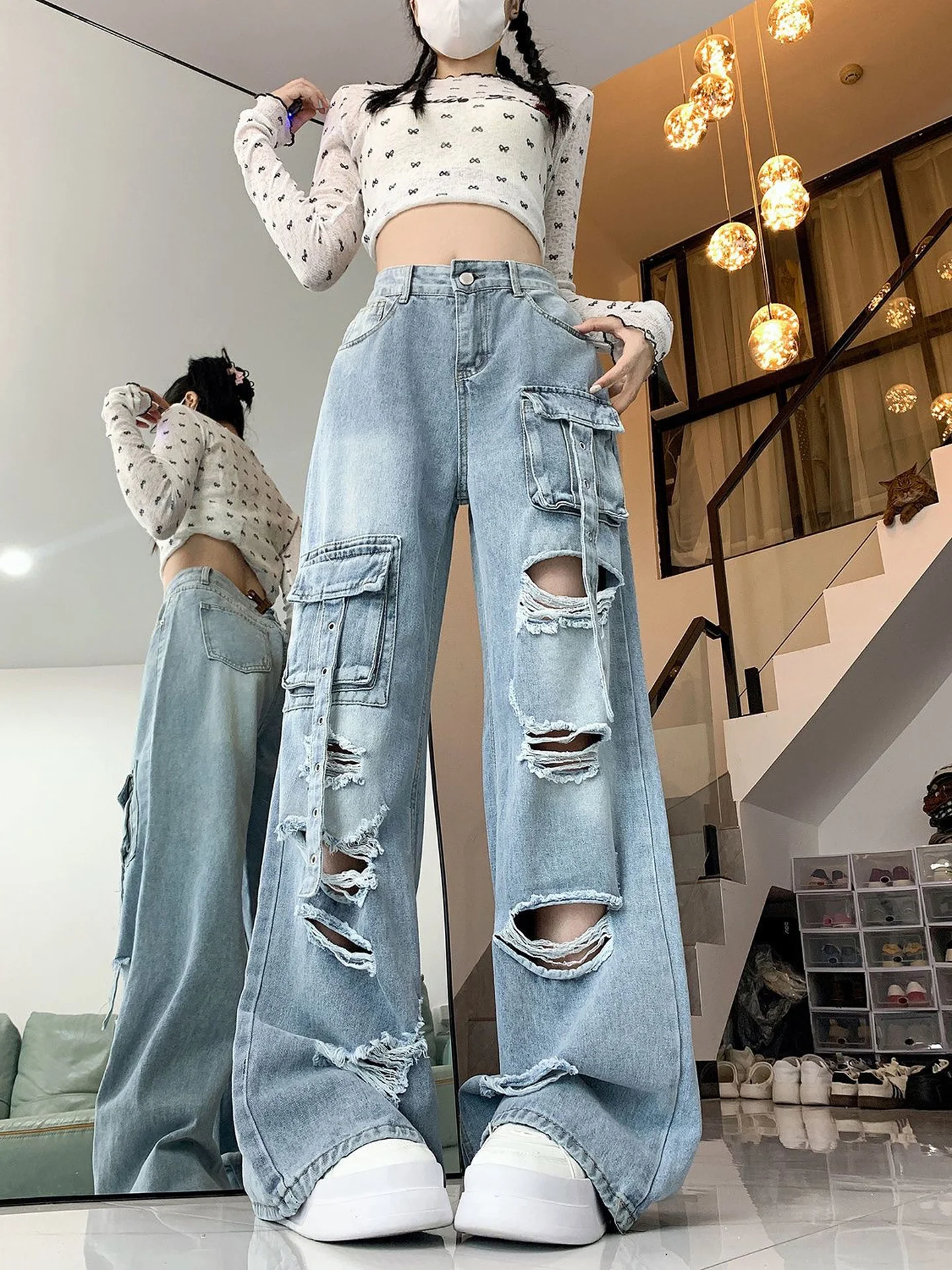 Retro American Style High Street Workwear Denim Pants Women's Fashion Design Sense Small Audience Drapey Floor-Length Wide Le...