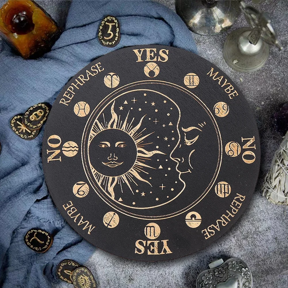 14.8cm Wooden Divination Plate Laser Engraved Sun and Moon Pattern Wood Plank Crystal Energy Display Plate Home Accessories