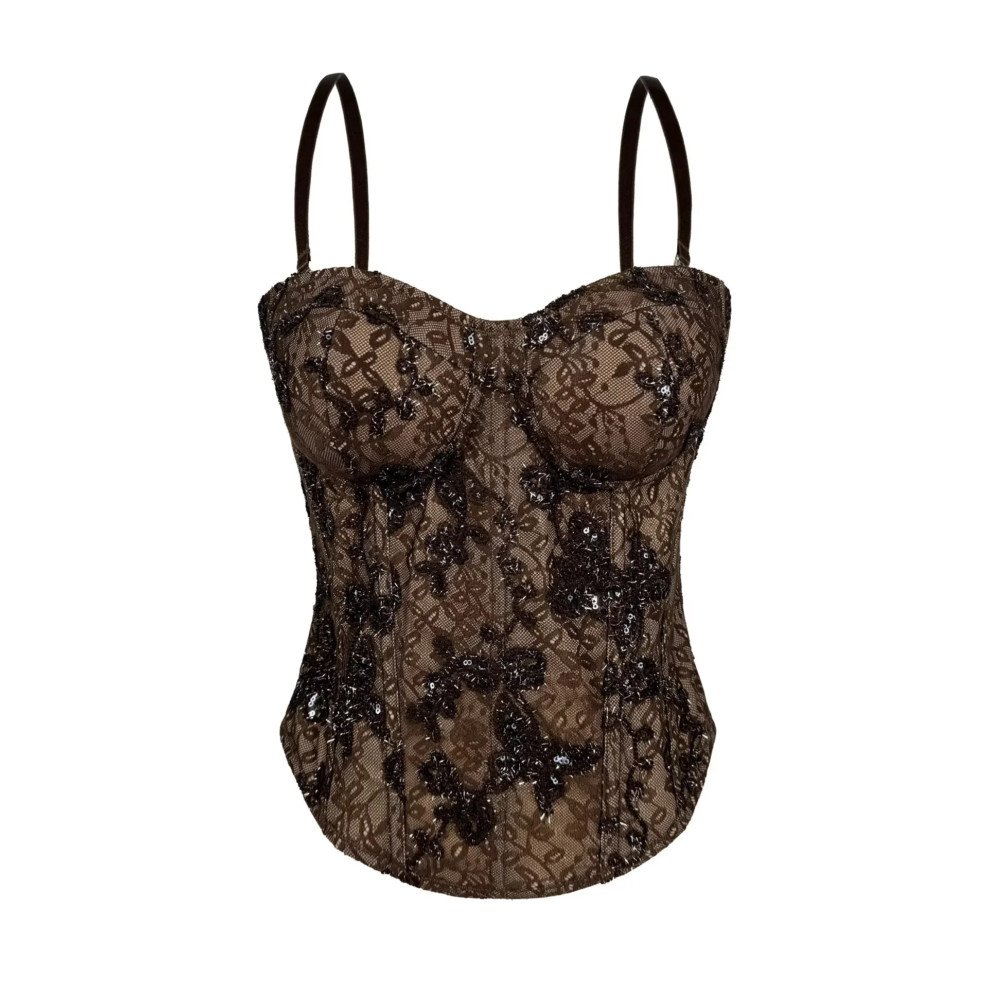 

2026 New Sequin Bustier Top Women Retro Floral Embroidery Lace Corset Foamlina Fashion Vintage Aesthetic Boned Shaper