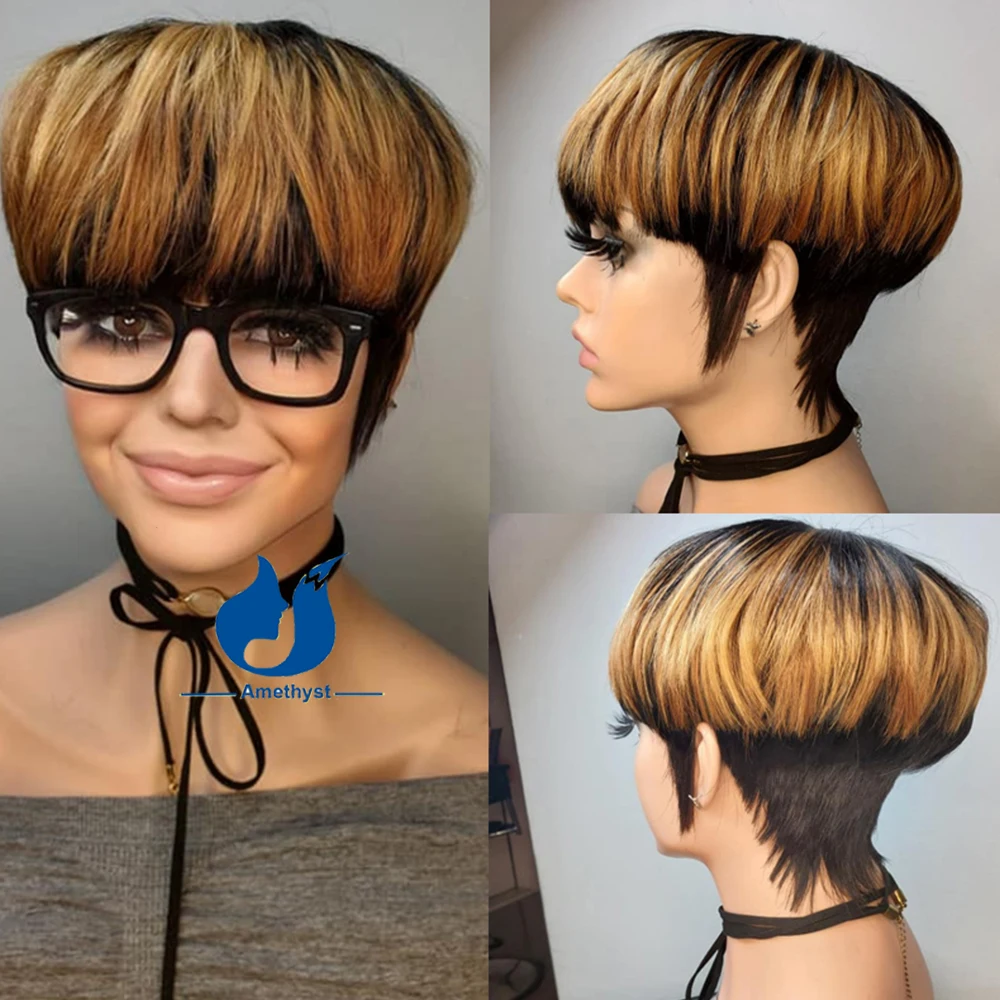 Rambut manusia potongan pendek Pixie dengan sorot poni Wig depan Ombre 30 kulit kepala pirang atas lurus pendek Wig sutra dasar tidak ada renda Wig f