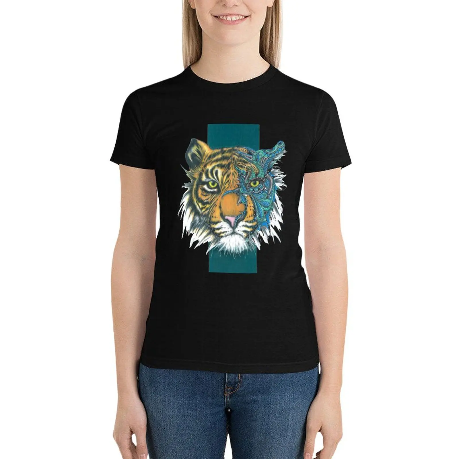 

Tiger in Teal T-Shirt aesthetic clothes cute tops animal print shirt for girls t-shirt dress for Women long