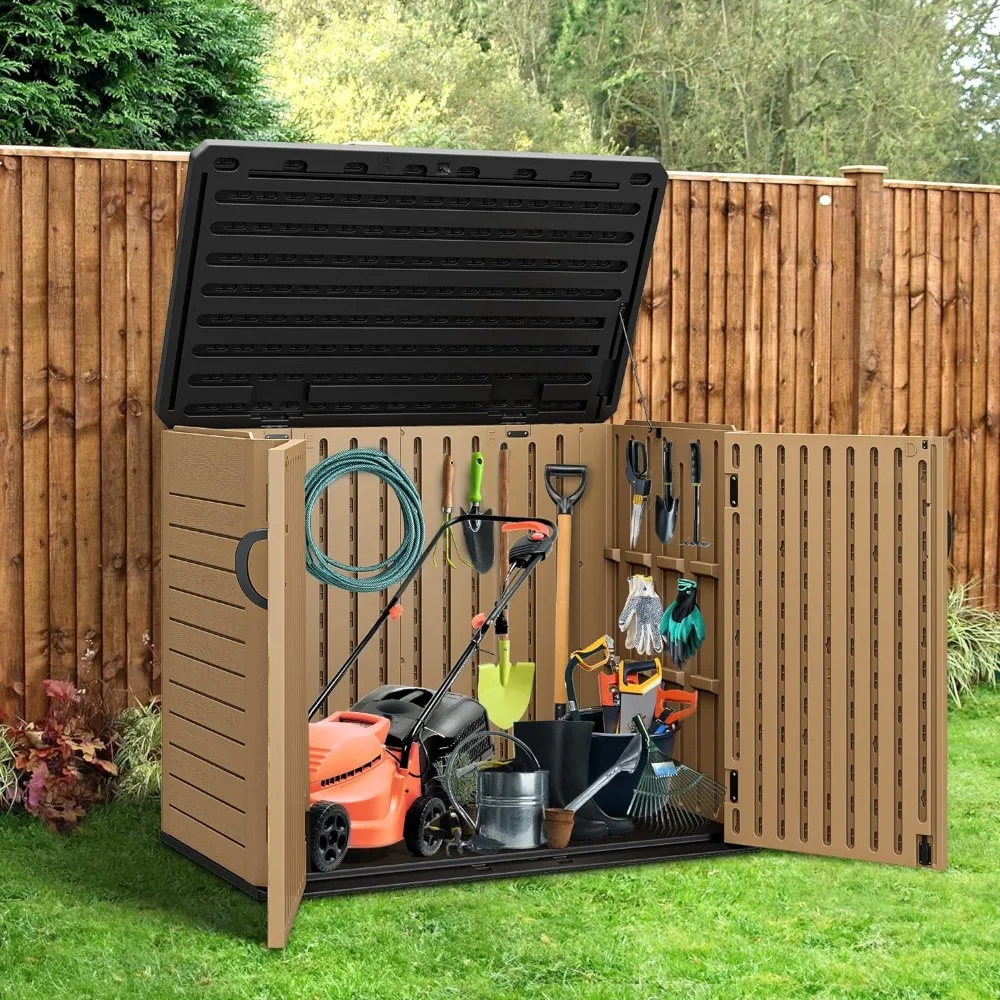 

Outdoor Horizontal Storage Shed with X-Shaped Lockable Door, 35 Cu Ft Weather Resistant Resin Tool Shed w/o Shelf,Ideal for Bike