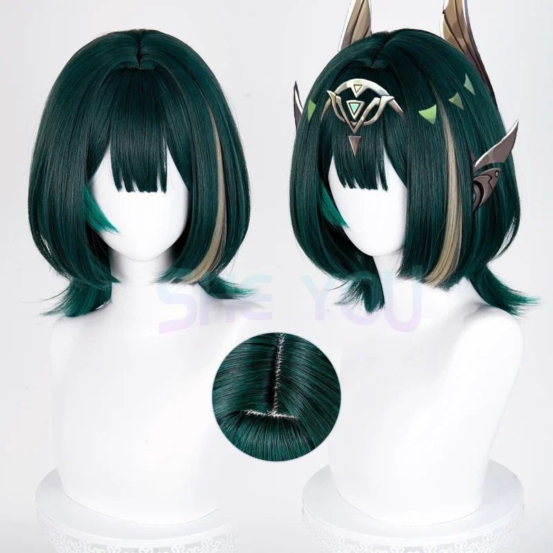 

Anime Nefer Cosplay Wig 36cm Green Highlights Wigs For Women Cosplay Wig Heat Resistant Synthetic Hair Halloween + Wig Cap