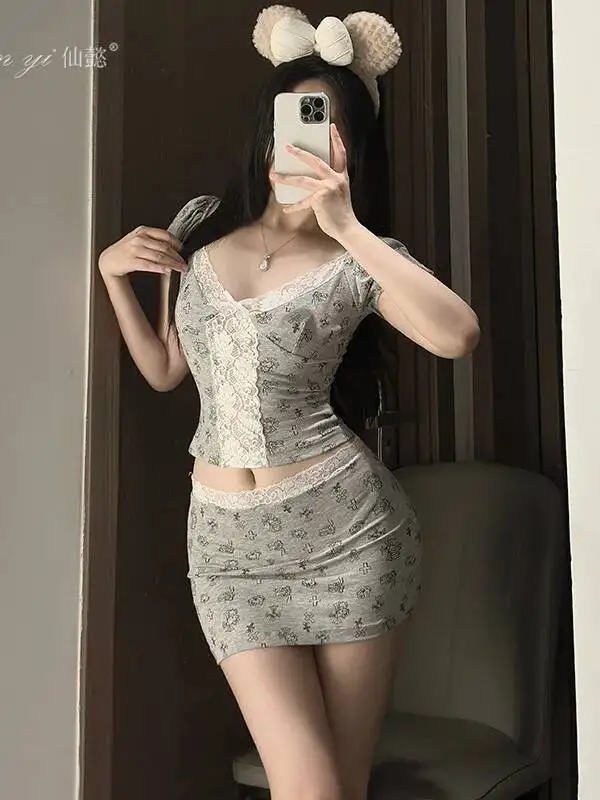 Pyjama Style français pour femmes, ensemble jupe Sexy en dentelle imprimée, manches courtes, moulant, vêtements de maison, charmant, P7LF