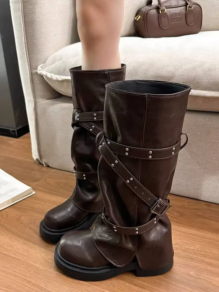 

Женские сапоги до икры 2026: весенне-осенние женские высокие сапоги-трубы на платформе с пряжками, в британском стиле, для верховой езды