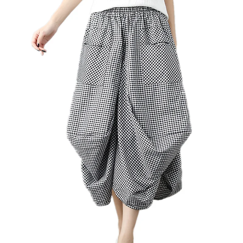 

Arazooyi Casual Maxi Skirts Women Loose Elegant Harajuku Tutu Vestidos Cotton Linen Long Plaid Skirt Woman Clothes Faldas Saia