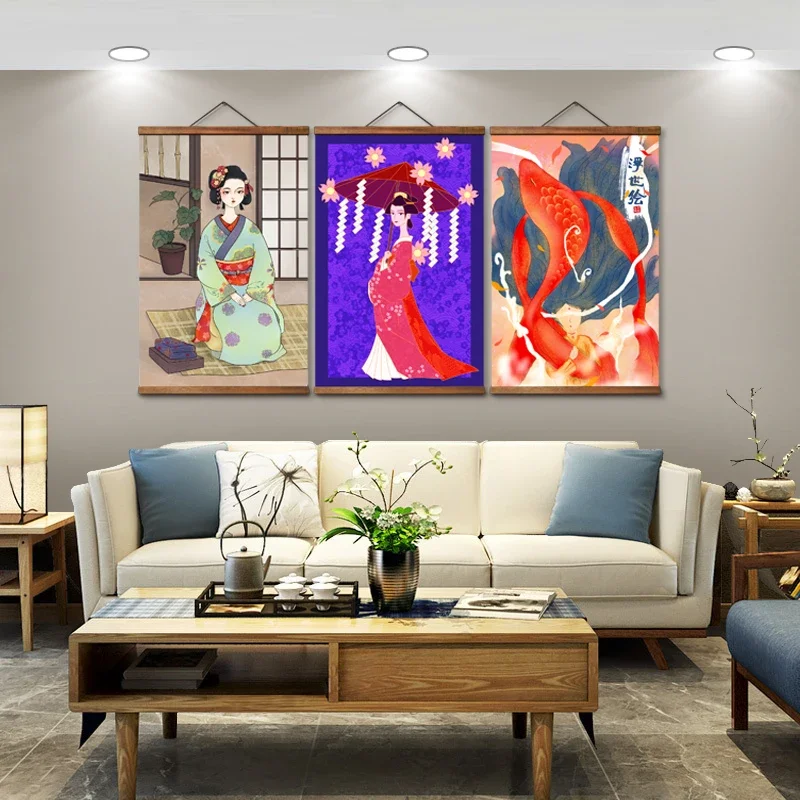 Japanese Ukiyoe Room Wall Art Canvas Posters Prints Picture Decoration with Solid Wood Hanging Scroll