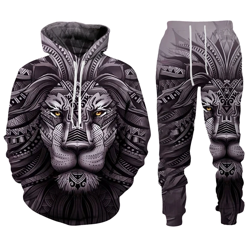 Men Hoodie Set Animal Lion 3D Print Men\'s Tracksuit Sets Casual Hoodie Pants 2pcs Sets Oversized Sweatshirt Fashion Men Clothing