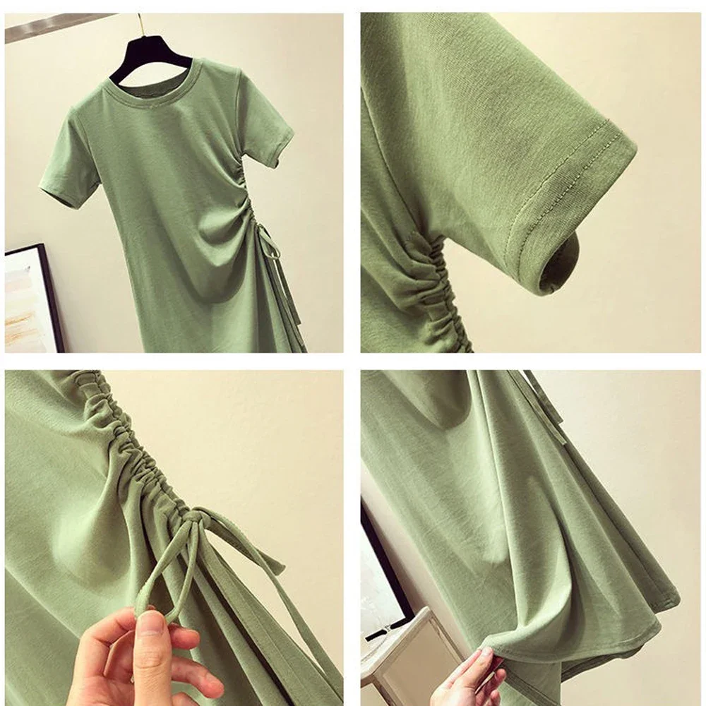 ฤดูร้อนใหม่ผู้หญิง Slim เสื้อยืดชุดเลดี้ O-คอแขนสั้น Shirring Lace Up ชุดจีบ