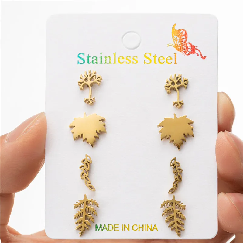 4Pairs/Lot Vintage Bohemia Maple Leaf Earrings Golden Stainless Steel Neuron Earing Everyday Jewelry for Women Studs Sets Bijoux