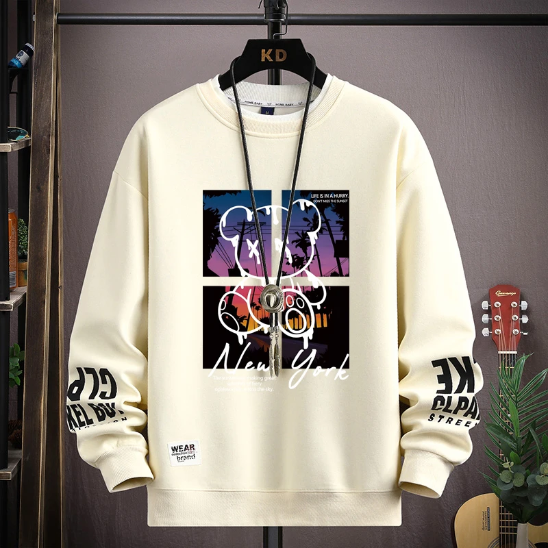 Nova iorque arte palavra dos desenhos animados urso pôr do sol cenário design t camisas moda masculina camisa de manga longa solta gráficos camisas de