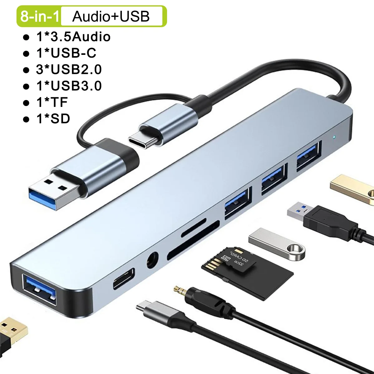 USB C Hub 3.0 USB Splitter Hub Type C 8 in 2 Data 3.5 Audio SD/TF Card Reader USB HUB 3.0 Multiport Adapter for MacBook Laptop