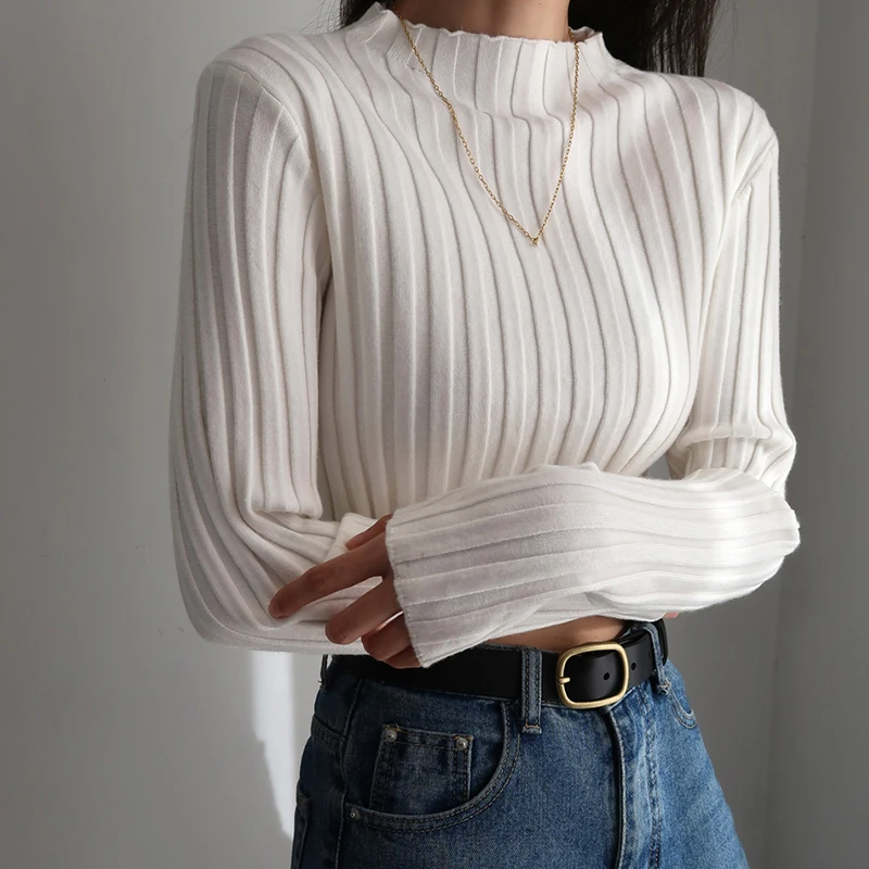 Autumn Winter American Retro Stand Collar Solid Color Simple Slim Fit Fashion Short Knitted Long Sleeve Sweater