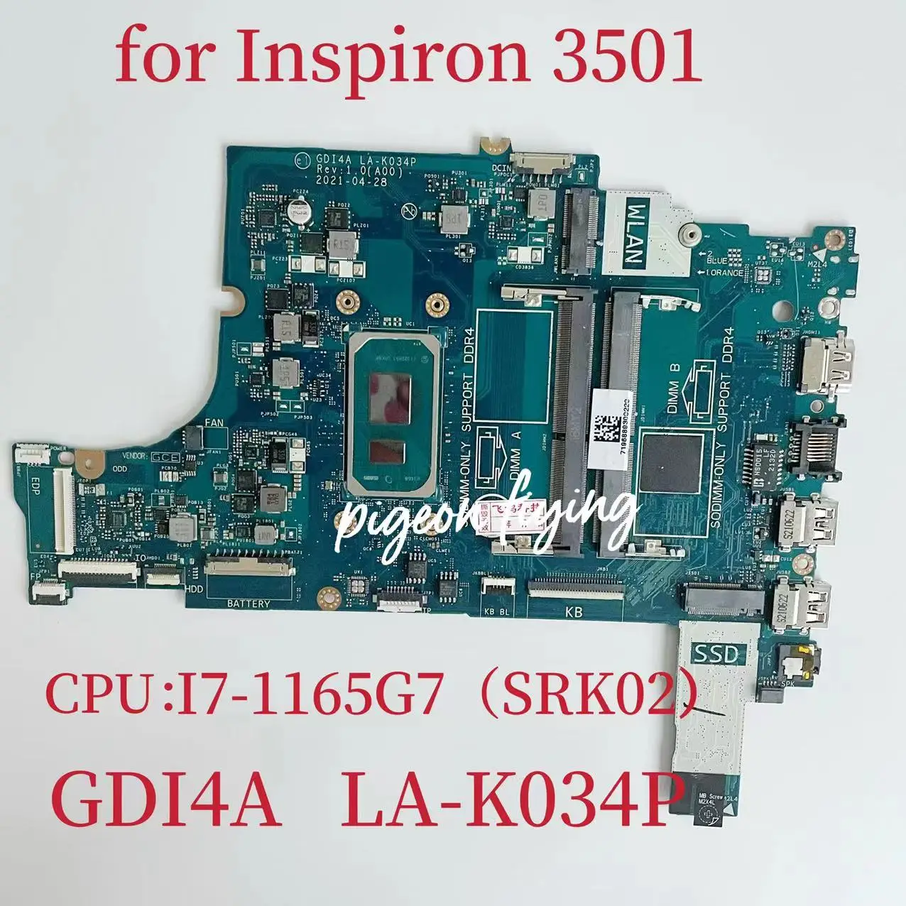 

CN-0F3DD5 0F3DD5 F3DD5 Mainboard LA-K034P For Dell Inspiron 3501 Laptop Motherboard CPU Intel I7-1165G7 SRK02 100% Test OK