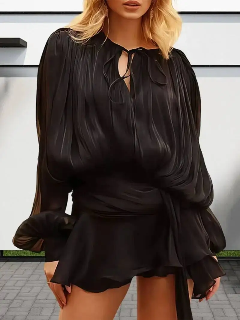 Streetwear Temperament Dresses For Women Round Neck Long Sleeve High Wiast Soild Slimming Mini Dress Female Fashion Clothing YA5