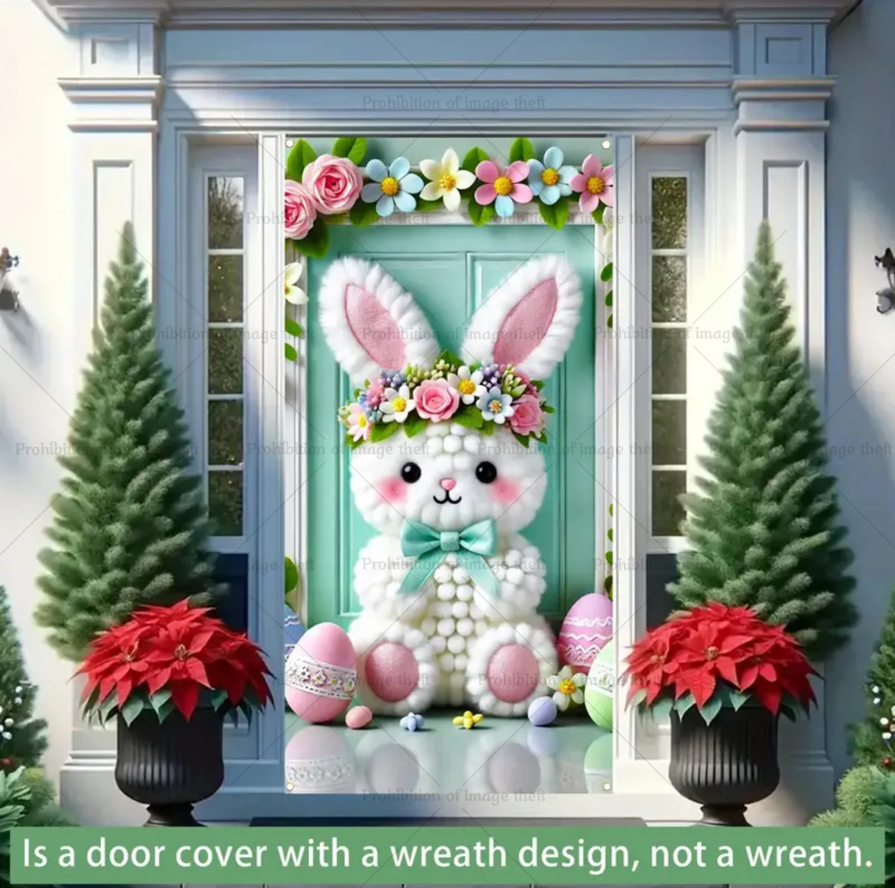 Happy Easter Cute Bunny Theme Background Fantasy Spring Wreath Door Cover Bunny Dog Flower Eggs Baby Party Decoration Gift Prop
