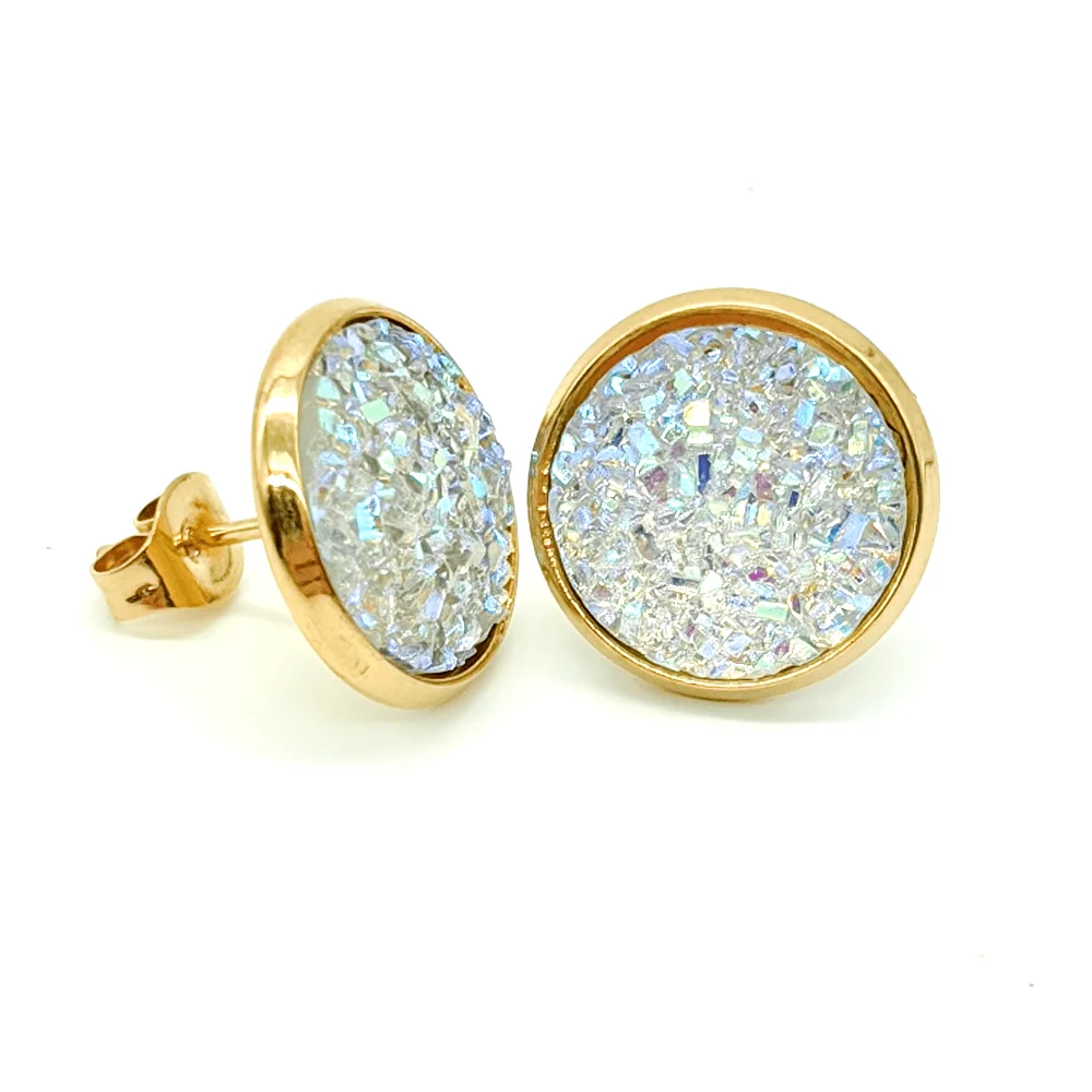 Gold Plated Artificial Druze Earrings for Women Teens,Stainless Steel Drusy Stone Stud Earring,Kpop Y2K Jewelry,Party Gifts