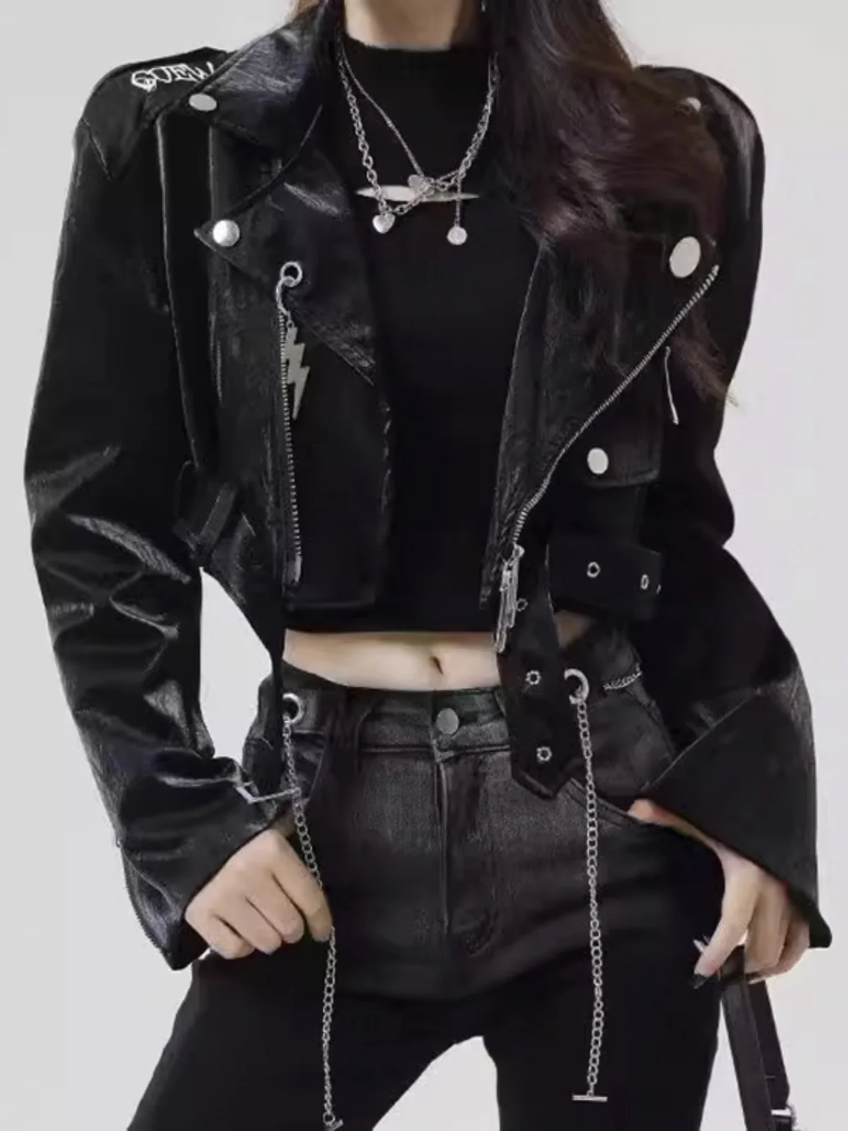 Sexy Short Leather Jacket Women's Fashion Commute Style Sweet And Spicy Black Hot Girl Belly Show Zipper PU Leather Long Sleeve