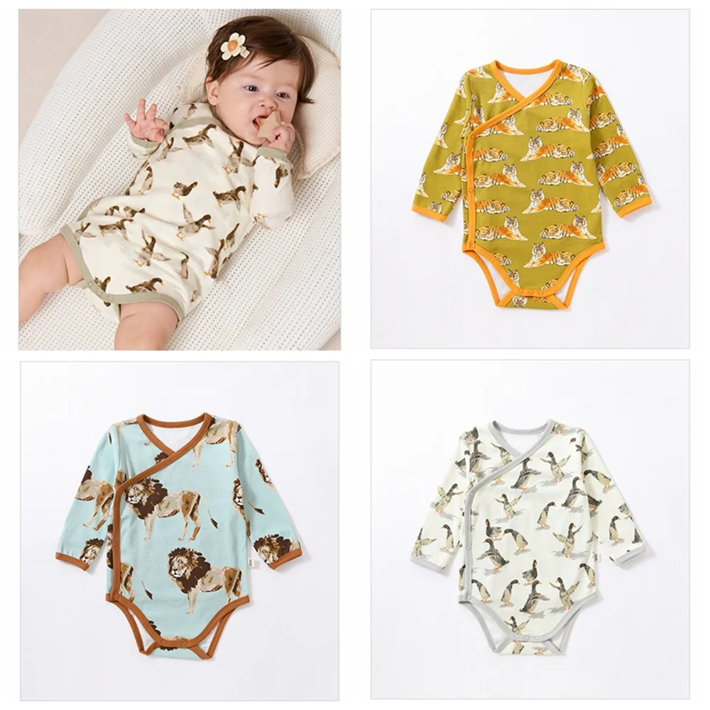 Grenouillère en coton à imprimé animal pour nouveau-né, barboteuse à manches longues, vêtements triangulaires pour bébé, garçons et filles, automne