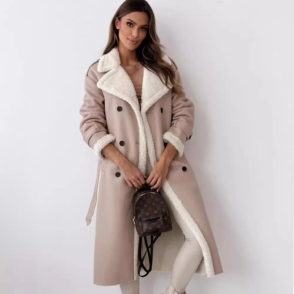 Autumn Winter New Fashion Faux Leather Woolen Coats Women Solid Color Turn-down Collar Mid-length Jacket with Belt Warm Overcoat