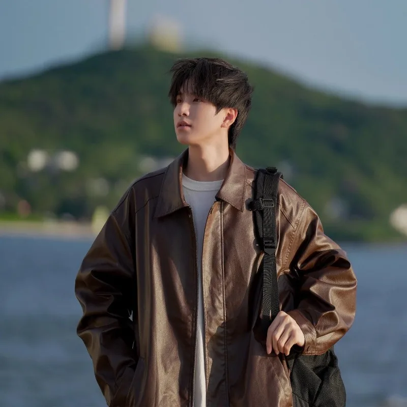 

American Retro PU Leather Jacket for Men Women Mellow Brown High Street Trendy Utility Coat Loose Fitting Casual Outerwear​