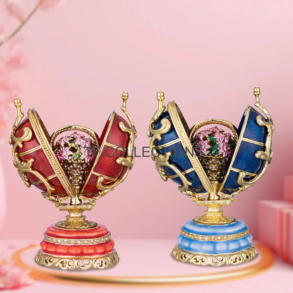 YAFFIL Hand Painted Faberge Egg Jewelry Box With Red Flower Basket Enamel Trinket Box Unique Gift For Family