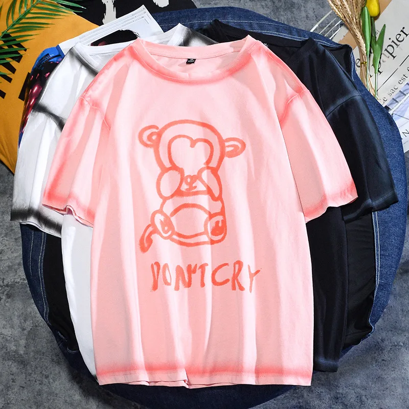 Camiseta de manga curta masculina e feminina, camisa de casal estilo Hong Kong, grafite juvenil, minoritária, solta, marca de moda