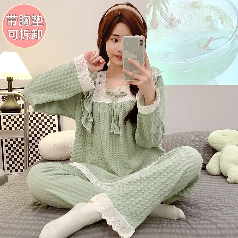 Women Princess Lace Solid Pajamas Suit Long Sleeved Two Pieces Sleepwear With Lingerie Sweet Cute Home wear Set