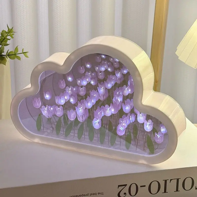 DIY Tulip Flower Sea Cube Light Creative Cloud Light Birthday Gift Bedroom Atmosphere Light Cloud Shape Mirror Sleeping Lamp