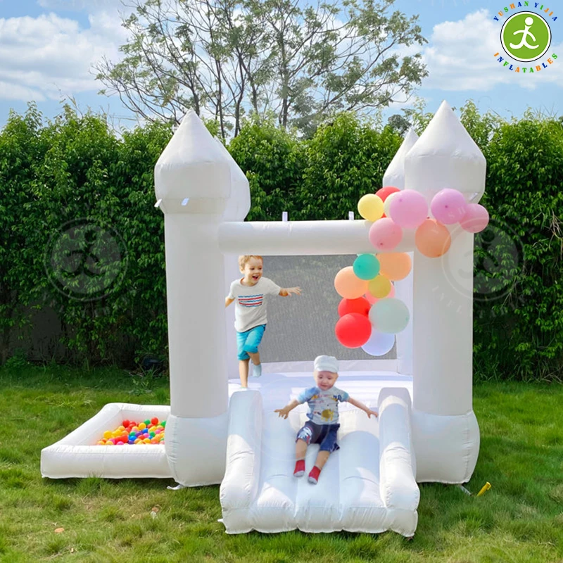 Commercial PVC Inflatable Bounce House with Slide,Ball Pool and Blower White Blow Up Jumper Castle House For Kids