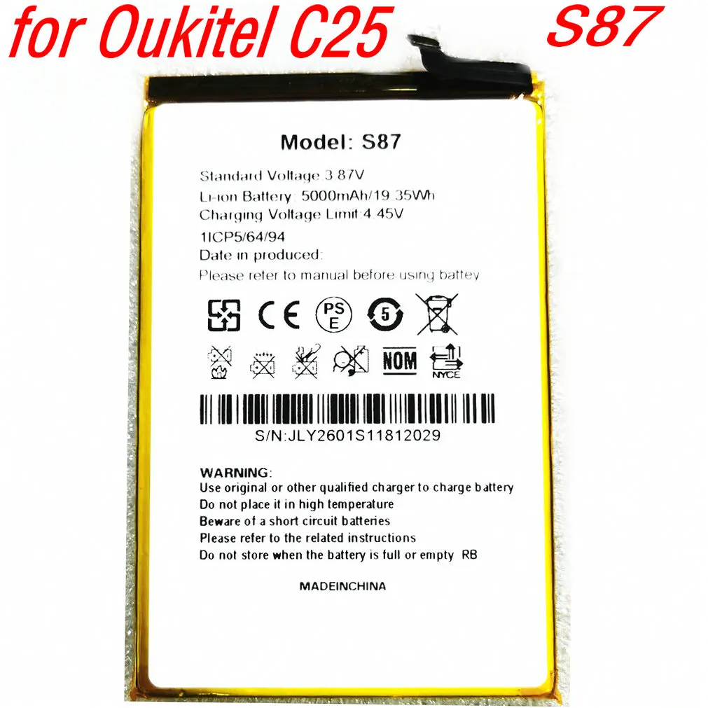 

3.85V 5000mAh S87 High Capacity Replacement Battery for Oukitel C25 MobilePhone 1ICP5/64/94