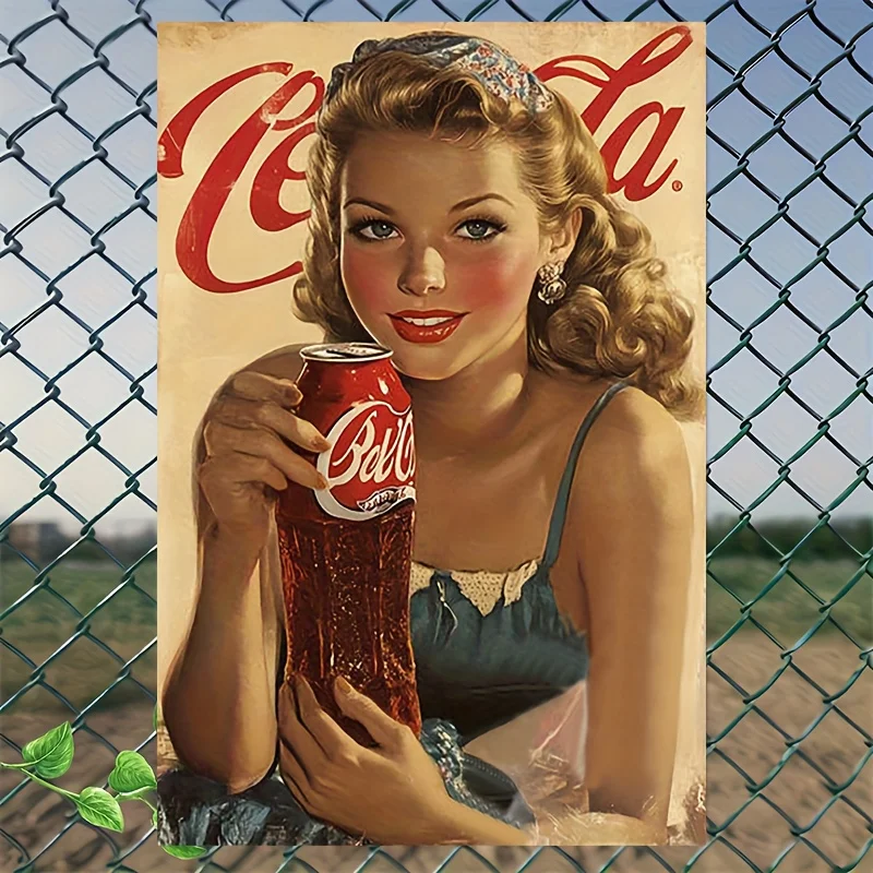 1pc Vintage Cola Soda Metal  Sign | Retro 1950s Diner Wall Art with Classic Cola Logo, Red & Blue Soda Can Design - Heavy-Duty