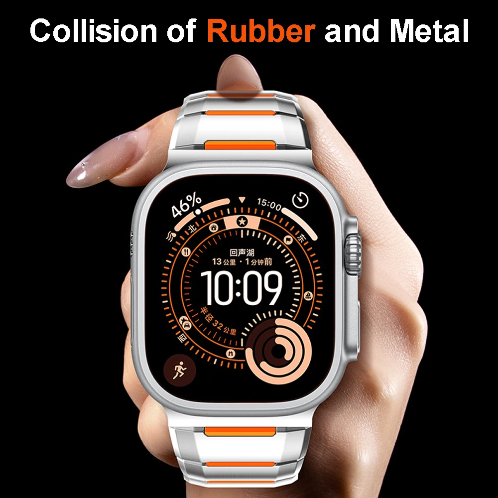 

Резиновый ремешок из нержавеющей стали для Apple Watch Ultra 3 2 49 мм, 11 10 46 мм, с раскладывающейся застежкой, для Iwatch Series 9 8 7 6 SE 3 45 мм 42 мм